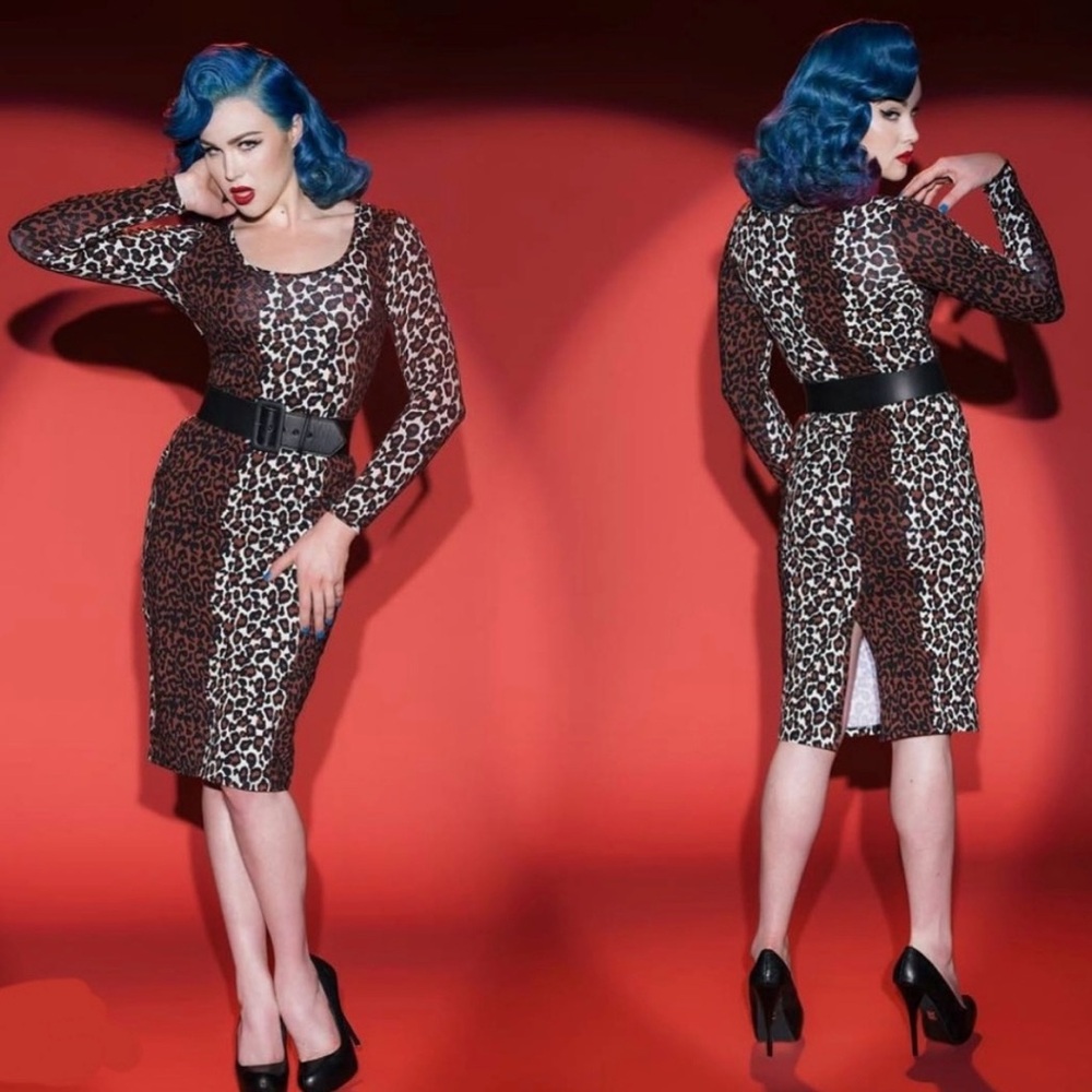 Pinup Couture Deadly Dames Cheetah Print Pencil  Dress With Belt Size XS NWOT